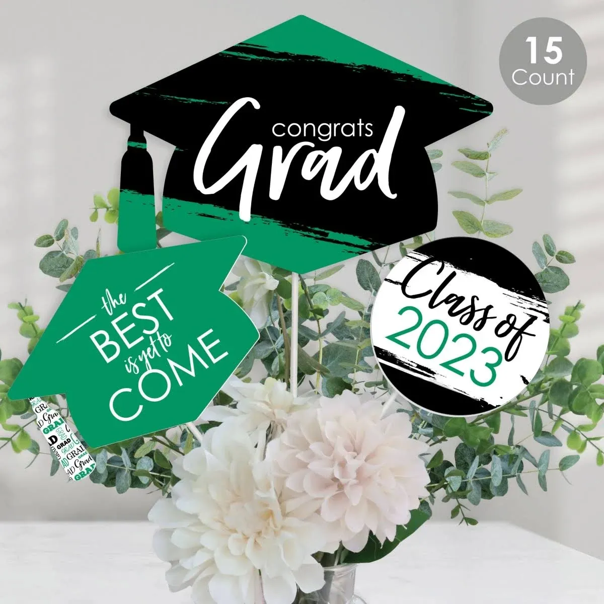 Big Dot of Happiness Green Grad - Best Is Yet to Come - 2024 Green Graduation Party Centerpiece Sticks - Table Toppers - Set of 15