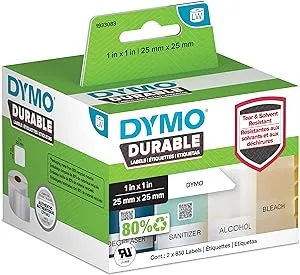 DYMO LW Durable Industrial Labels for LabelWriter Label Printers, White Poly, 1” x 1”, 2 Rolls of 850 (1700 Total)