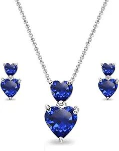 Double Heart Created Blue Sapphire Necklace &amp; Stud Earrings Set in 925 Silver