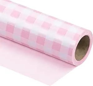 WRAPAHOLIC Reversible Wrapping Paper Roll - Pink and White Plaid Design for Birthday, Holiday, Wedding, Baby Shower and More Occasions - 30 Inch x 33 Feet