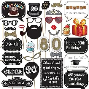 80th Birthday Photo Booth Props - 31-pc Selfie Props with 8 x 10-Inch Sign, 45 Adhesive Pads, 35 Sticks - Selfie Photo Booth Birthday - 80th Bday Party Supplies