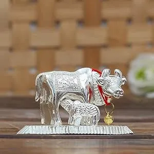 Kamdhenu Gau Mata | Cow and Calf Idol for Pooja | Silver Color | Figurine ...