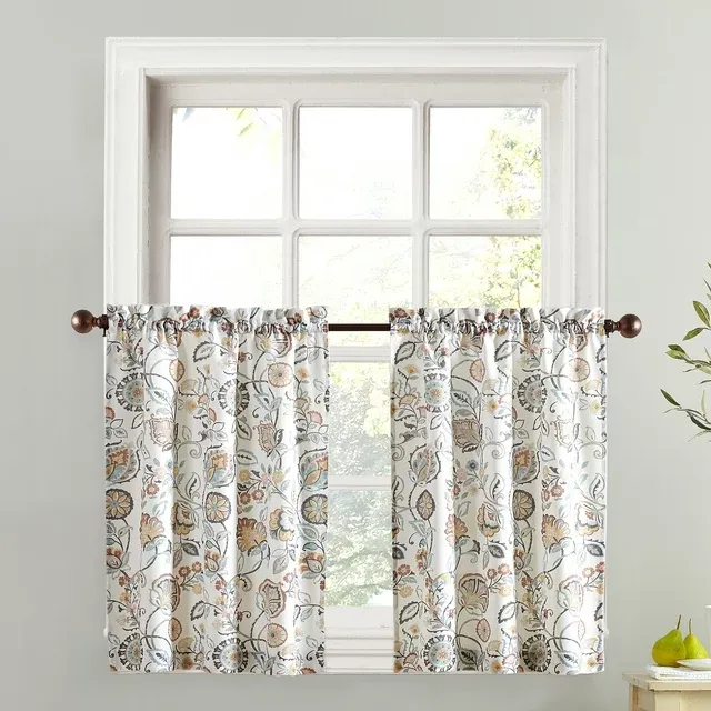 No. 918 Signy Jacobean Pattern Light Filtering Rod Pocket Kitchen Curtain Tier Pair - 54" x 36" - White