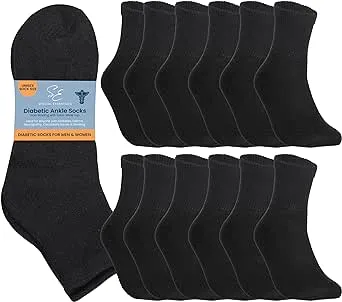 Special Essentials 12 Pairs Cotton Diabetic Ankle Socks - Non-Binding With Extra Wide Top For Men and Women