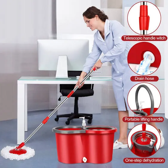 PULNDA Spin Mop and Bucket Set, 360° Spin Mop and Bucket with Wringer Set and 3 Microfiber Mop Refills, Stainless Steel 61" Extended Handle Spinning