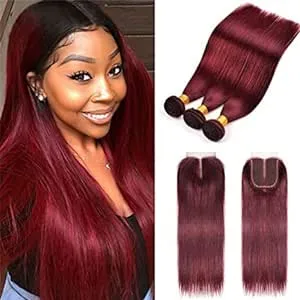 Straight Hair 8A Brazilian Virgin Hair 99j Burgundy Straight Hair 100% Unprocessed Human Hair Weaves 3 Bundles with Lace Closure 4x4 Free Part Red Wine Color Weft Weaves (18 20 22 with 18C, 99j)……