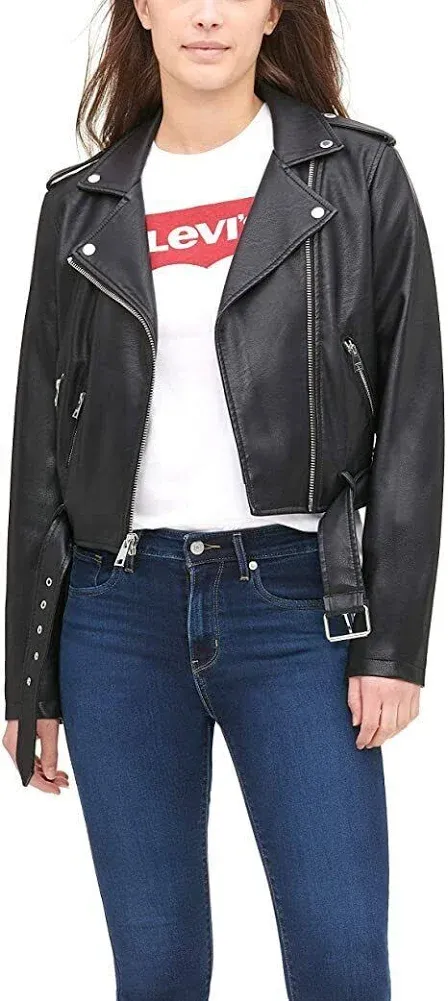 Levi&#039;s women&#039;s Faux Leather Belted Motorcycle Jacket - Black