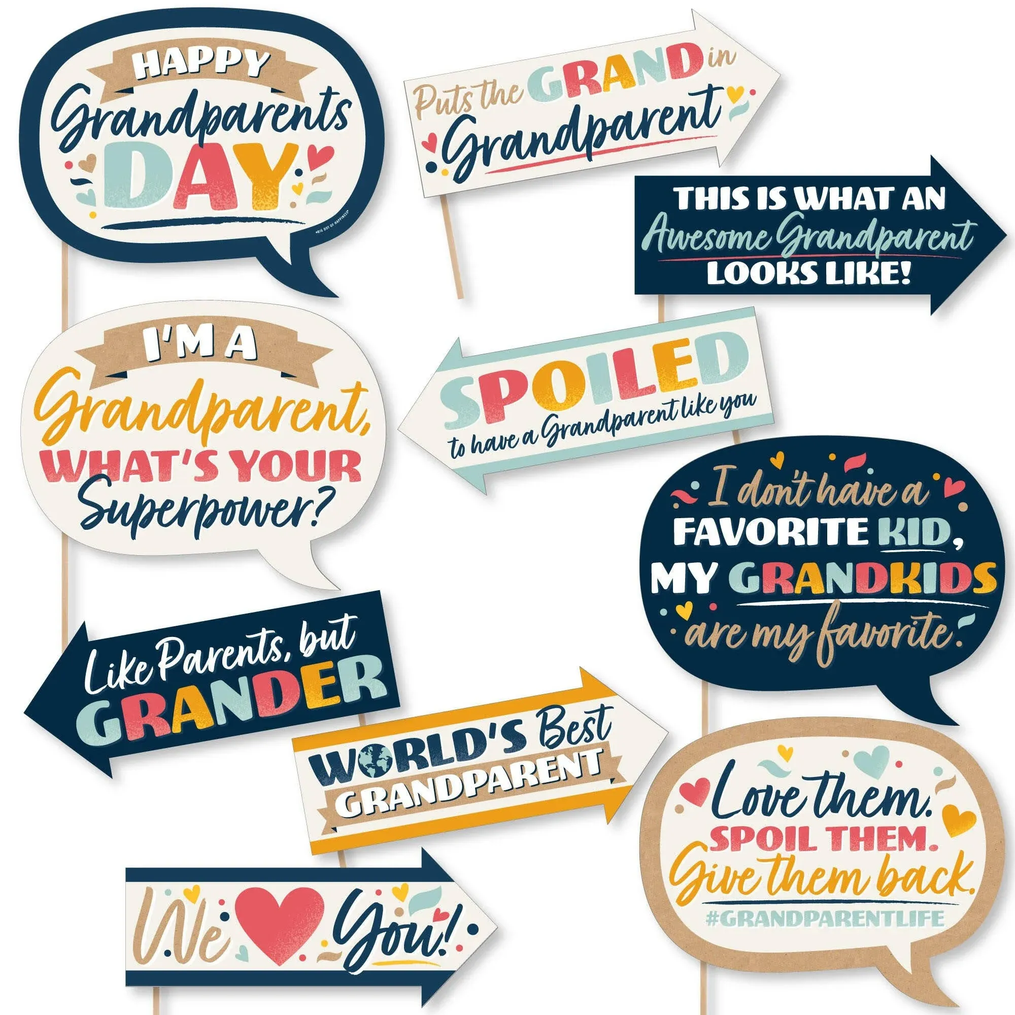 Funny Happy Grandparents Day - Grandma & Grandpa Party Photo Booth Props Kit - 10 Piece