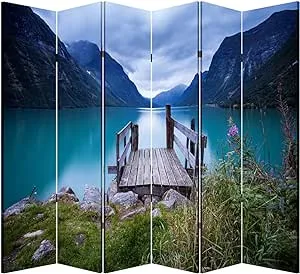 TOA 6 Panels Privacy Screen Room Divider Partition with Lake Dock Canvas Wate...