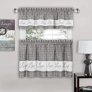 Tier and Valance Window Curtain Set - 58 Inch Width, 36 Inch Length - Live, Love, Laugh (Grey) - Light Filtering Drapes for Kitchen, Bedroom, Living & Dining Room by Achim Home Decor