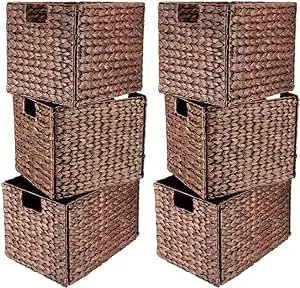 Westerly 6 Decorative Hand-Woven Water Hyacinth Wicker Storage Basket, Perfect for Shelving Units, 9x9x9 (Brown)