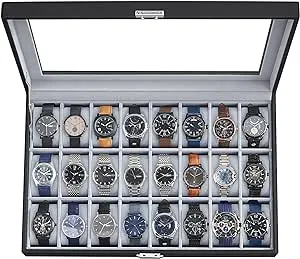 SONGMICS 24 Watch Box Large Watch Case Glass Top Black Display Organizer Faux Leather UJWB024