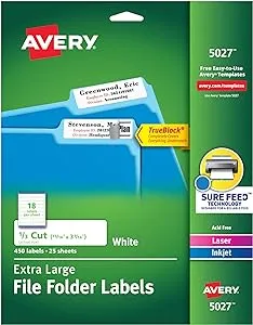 Avery TrueBlock Extra Large File Folder Labels, 15/16" x 3-7/16", 450 Printable Labels, White (5027)