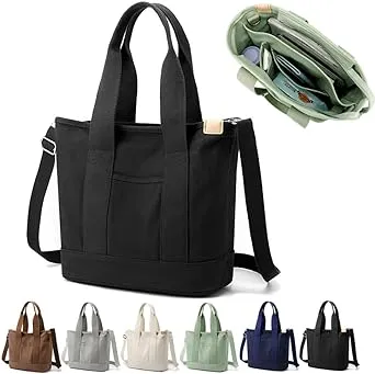 Efilra Multi Pocket Canvas Tote Bag with Zipper, Medium Work Bag with Compartments, Japanese Women Everything Purse Mom Bag