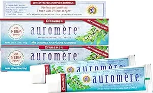 Auromere Ayurvedic Herbal Toothpaste, Cinnamon - Vegan, Natural, Non GMO, Fluoride Free, Gluten Free, with Neem & Peelu (3.57 oz), 2 Pack