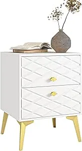 Spaco White Nightstand, Bedside Table with 2 Drawers, Modern End Side Table,Night Stand with Gold Legs for Living Room,Bedroom