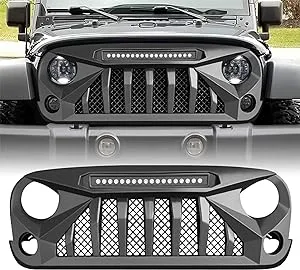 AMERICAN MODIFIED Front Grille Cover w/Off-Road Lights Compatible with Jeep Wrangler 2007 to 2018, JK/JKU, Rubicon, & Sahara Sport, Matte Black