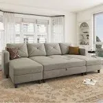 Honbay 6-Piece Velvet Convertible Sleeper Sectional with Storage Ottoman, Pearl Grey