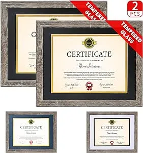 Diploma Frame Tempered Glass - Document Frames 8.5x11 with Mats(Navy, Black, White, Golden), Rustic Wooden Graduation Picture Frame 11x14 without Mat for Certificate, Degree (Set of 2, Rustic Grey)