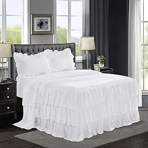 Hig 3 Piece Ruffle Skirt Bedspread Set King - White 30 Inches Drop Ruffled Style ...