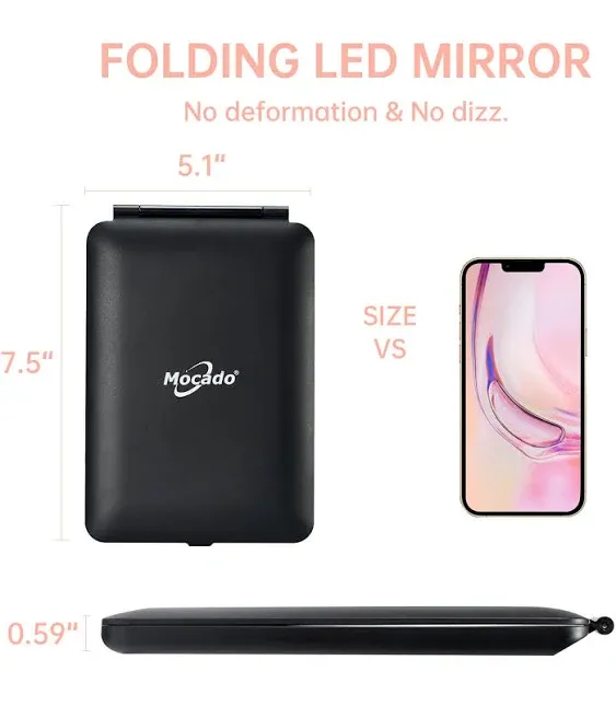 LED Foldable Travel Makeup Mirror - 5x7 inches 3 Colors Light Modes USB Rechargeable Touch Screen, Portable Tabletop Cosmetic Mirror for Travel, Cosmetic, Office (Black)