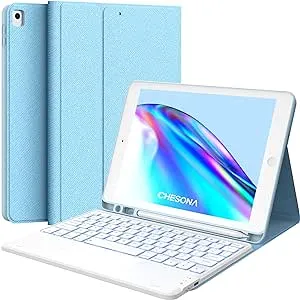 CHESONA for iPad 9th Generation Case with Keyboard, 7 Color Backlit, Multi-Touch Trackpad, Built-in Pencil Holder, 2 Bluetooth Channels, Flip Stand Keyboard Case for iPad 9th/8th/7th Gen 10.2” Blue