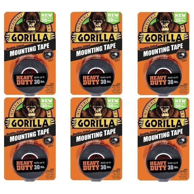 Gorilla Heavy Duty Double Sided Mounting Tape, 1 inch x 60 Inches, Black 6 Pack