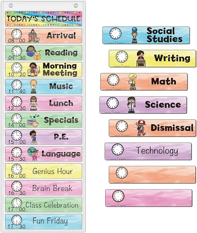 ABCxGOOD Daily Schedule Pocket Chart, Visual Schedule Pocket Chart for Toddler, 13+1 Pocket with 21 Dry-Erase Reusable Cards, prek k Preschool Classroom Must Haves.