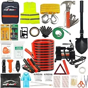 AUTODECO Car Roadside Emergency Kit - 118-Piece Premium Heavy Duty Car Roadside Emergency Kit - Jumper Cables Portable Air Compressor Tow Strap