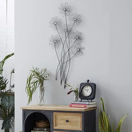 Deco 79 Metal Floral Home Wall Decor 3D Wire Wall Sculpture with Crystal Embellishments, Wall Art 40" x 19" x 1", Black