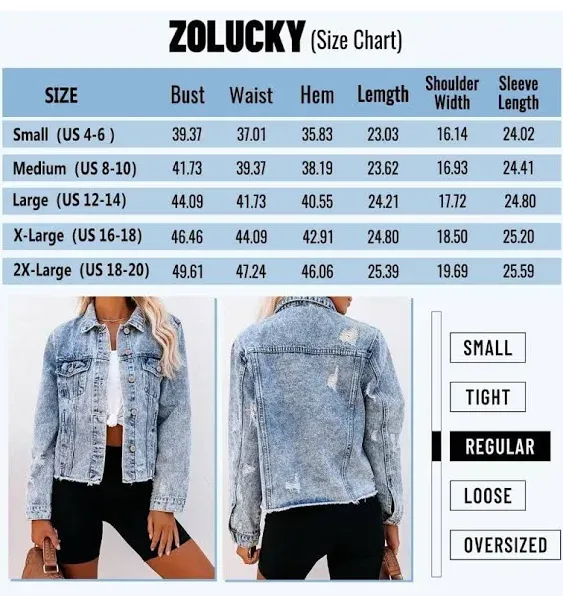 ZOLUCKY Womens Denim Jacket Distressed Frayed Ripped Jean Jacket Casual Button Down Light Jackets