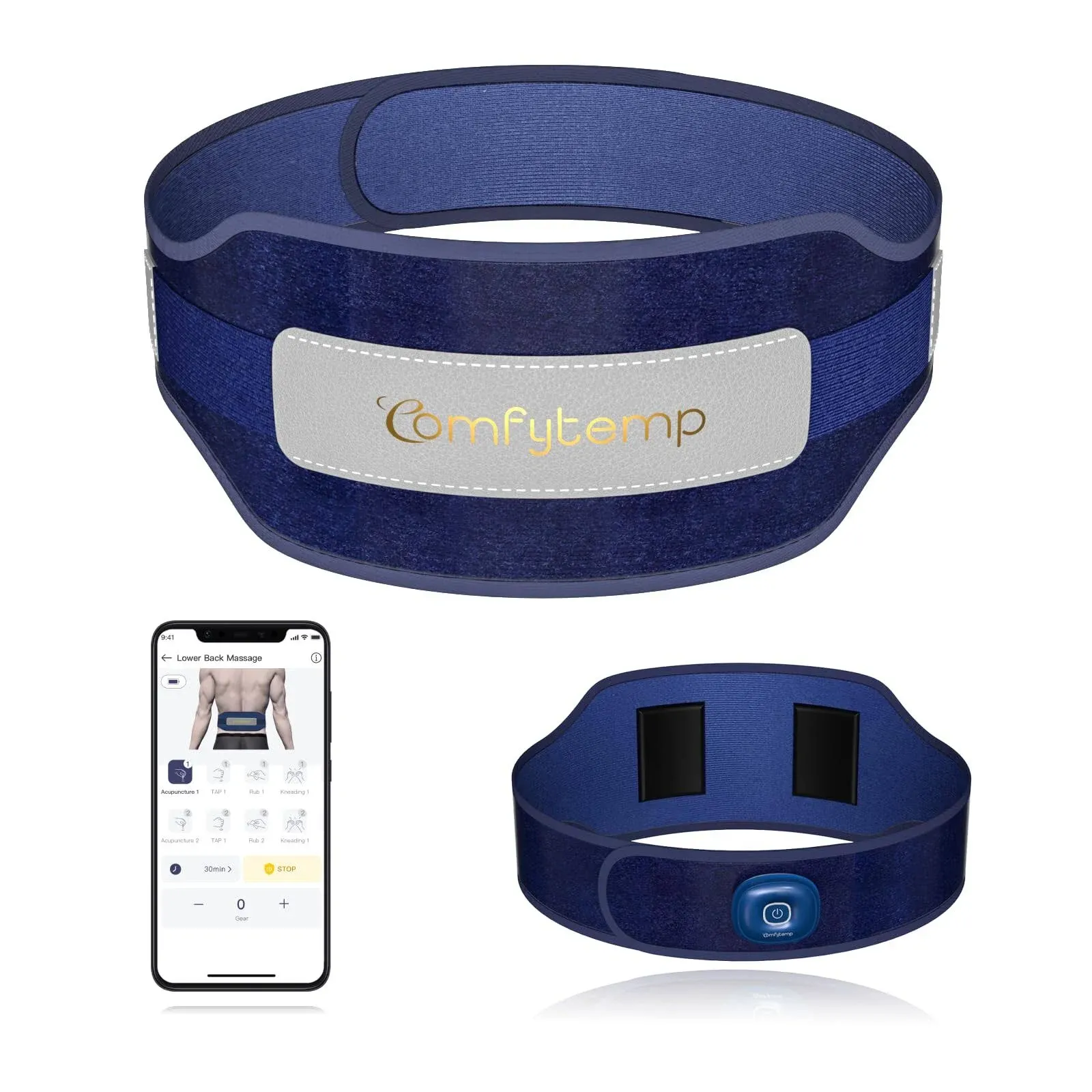 Cordless Back Massager Brace with TENS EMS, Smart Wireless Blue