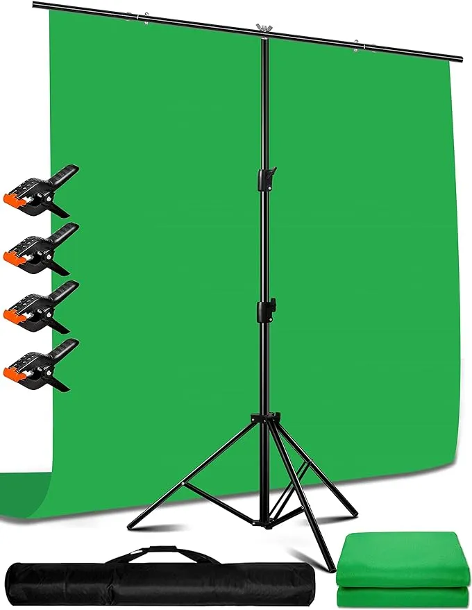 5X6.5ft Green Screen Backdrop with Stand Height Adjusted, Washable, Ironable Green Screen with T-Shape Background Stand Kit with Carrying Bag & Clamps for Streaming, Video, Zooming, Gaming