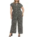 London Times Plus Size Printed Short Sleeve Crew Keyhole Neck Jumpsuit - 14W