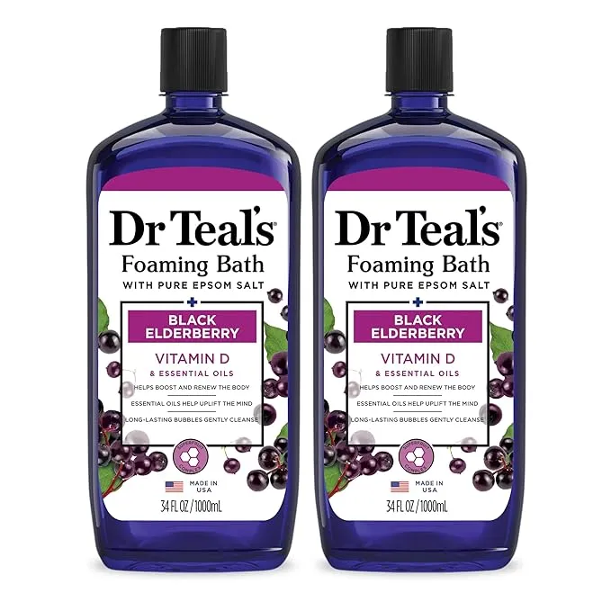 Dr Teal's Foaming Bath with Pure Epsom Salt, Black Elderberry with Vitamin D, 34 fl oz (Pack of 2)