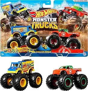 Hot Wheels Toy Monster Trucks Set of 4, 4-Pack of 1:64 Scale Alarm Squad Vehicles, Giant Wheels, Favorite Characters (Amazon Exclusive)