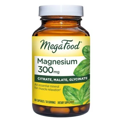 MegaFood Magnesium 300 mg - Highly absorbable blend of Magnesium Glycinate, Citrate & Malate to Help Support Heart, Nerve Health & Relaxation - Vegetarian – 60 Capsules (30 Servings)