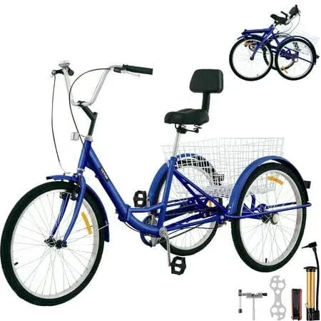 Vevor 24 inch Folding Adult Tricycle,1 Speed 3 Wheels Trike, Blue, Size: 24/1-speed