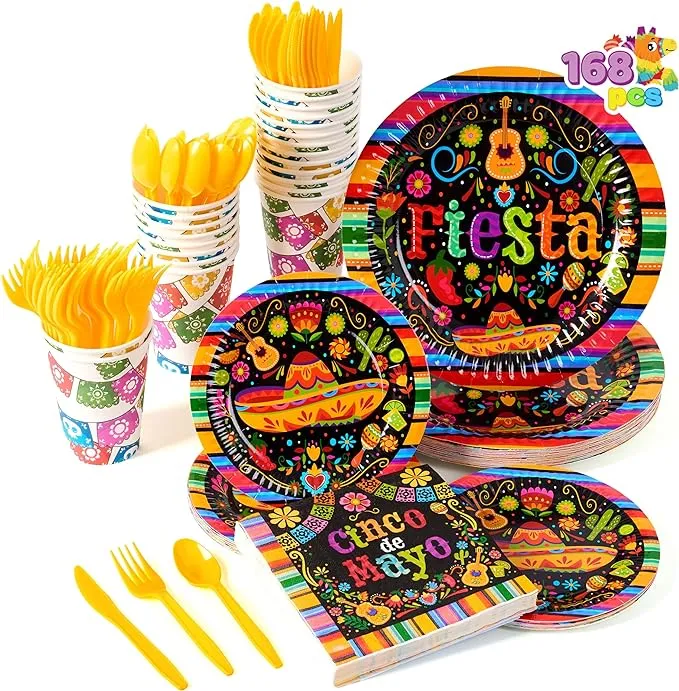 JOYIN 168 Pcs Fiesta Party Paper Plates and Napkins Set for Mexican Theme Party Decorations, Cinco De Mayo Colorful Stripes Mexico Platters Tableware Set, Mayo Dance Pinata Taco Colorful Theme Party