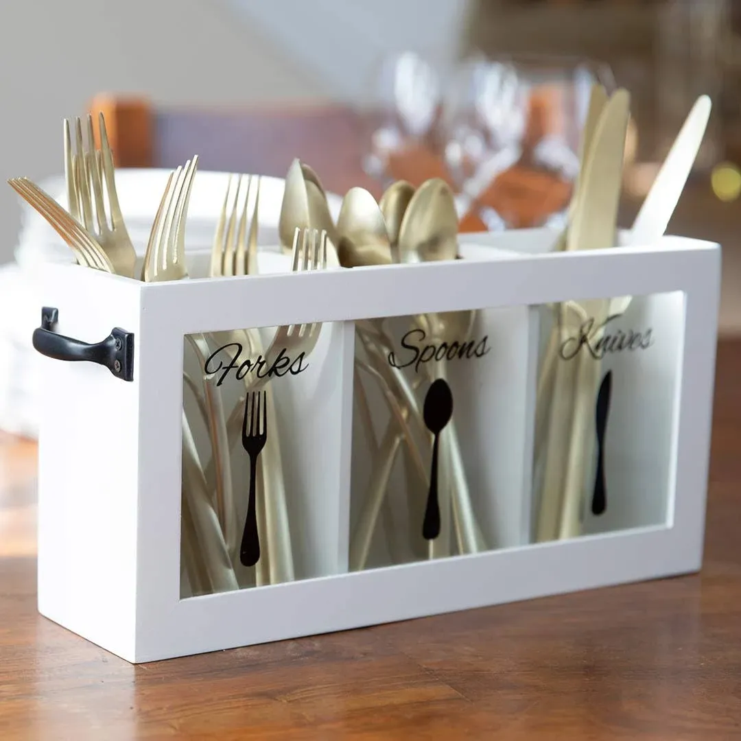 Blu Monaco Cutlery Caddy - Made of White Wood - Three Compartments for Forks, Spoons, Knives - Black Handles - Kitchen Utensil