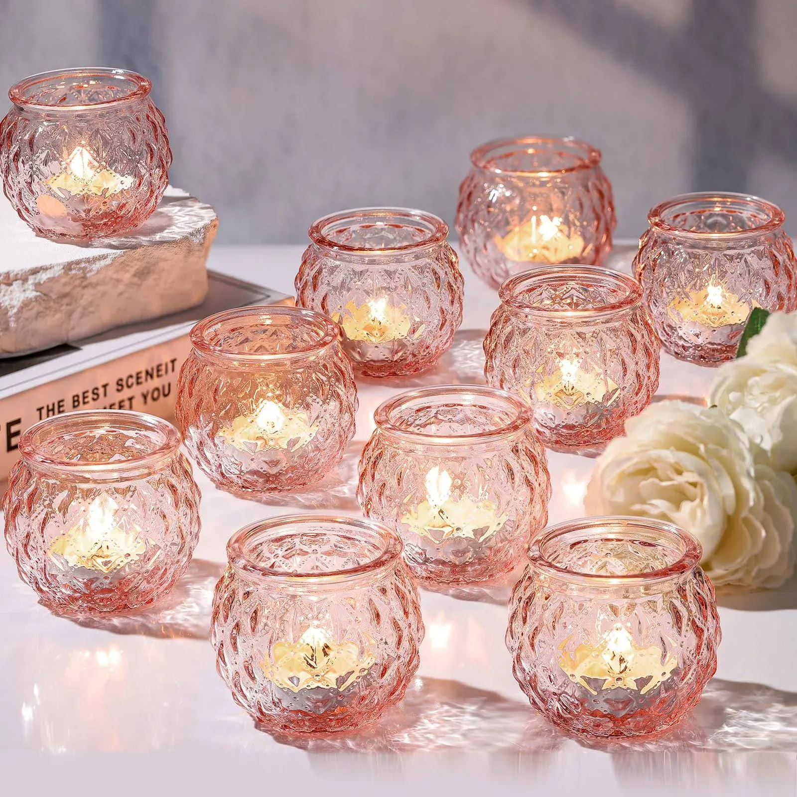 Pink Votive Candle Holders Set of 24- Round Glass Candle Holders Bulk for Flameless LED Tea Waxes, Romantic Candle Holder for Wedding & Home Table Decor, Various Parties