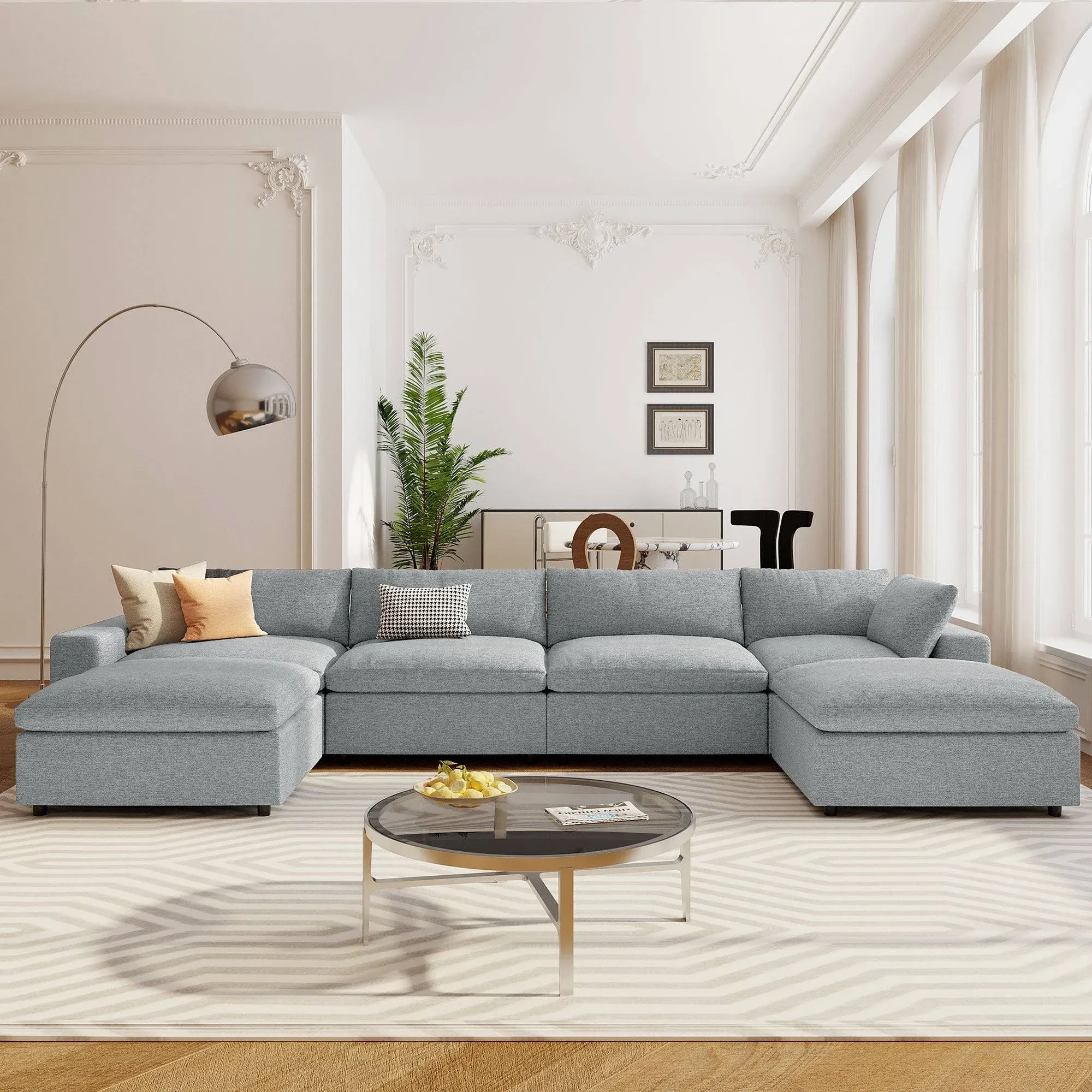 Louie Large Sectional Couch, U-Shaped Sofa with Ottoman - Light Gray/Dark Gray