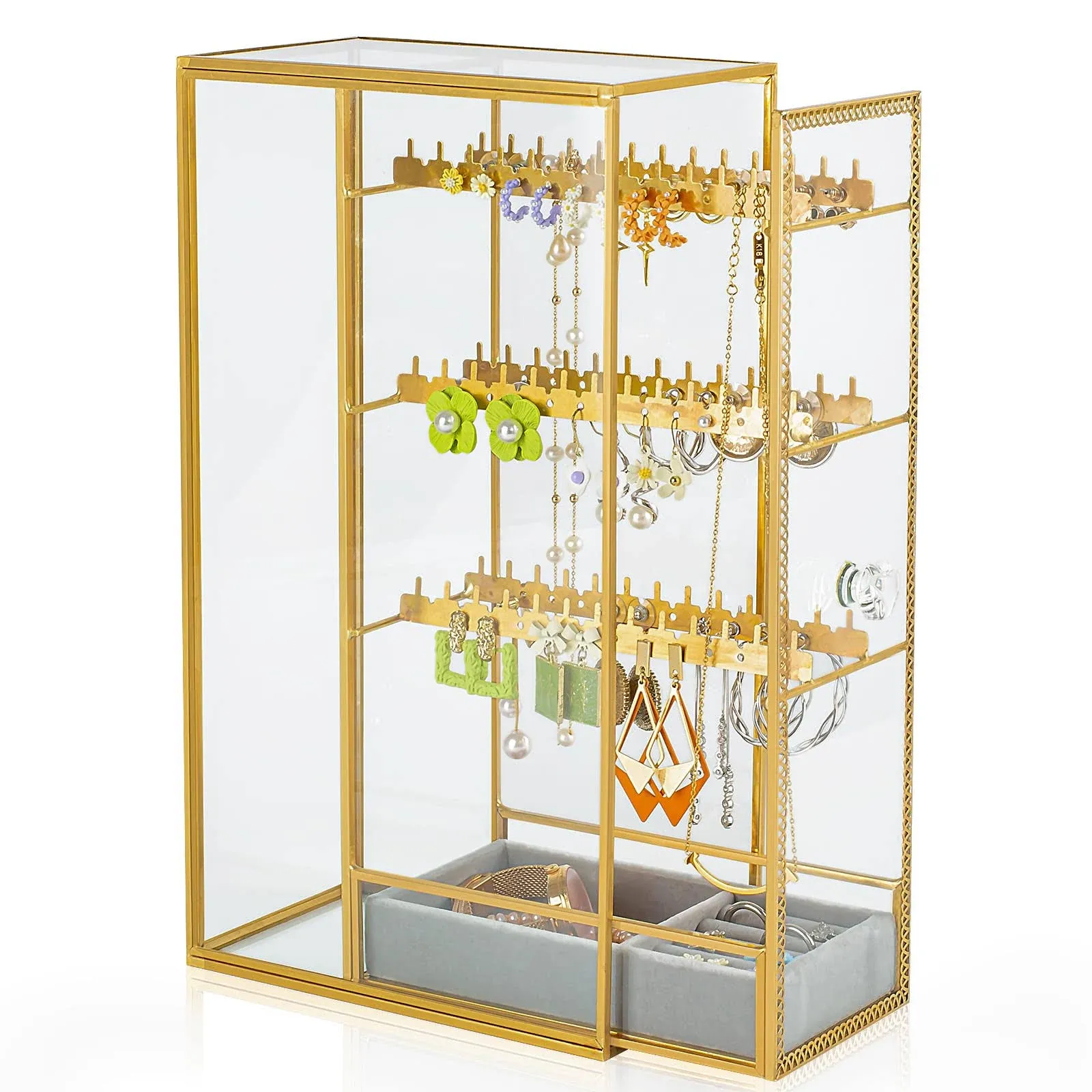 Glass Earring Holder Organizer, Jewelry Organizer Earrings Holder with Hanging H