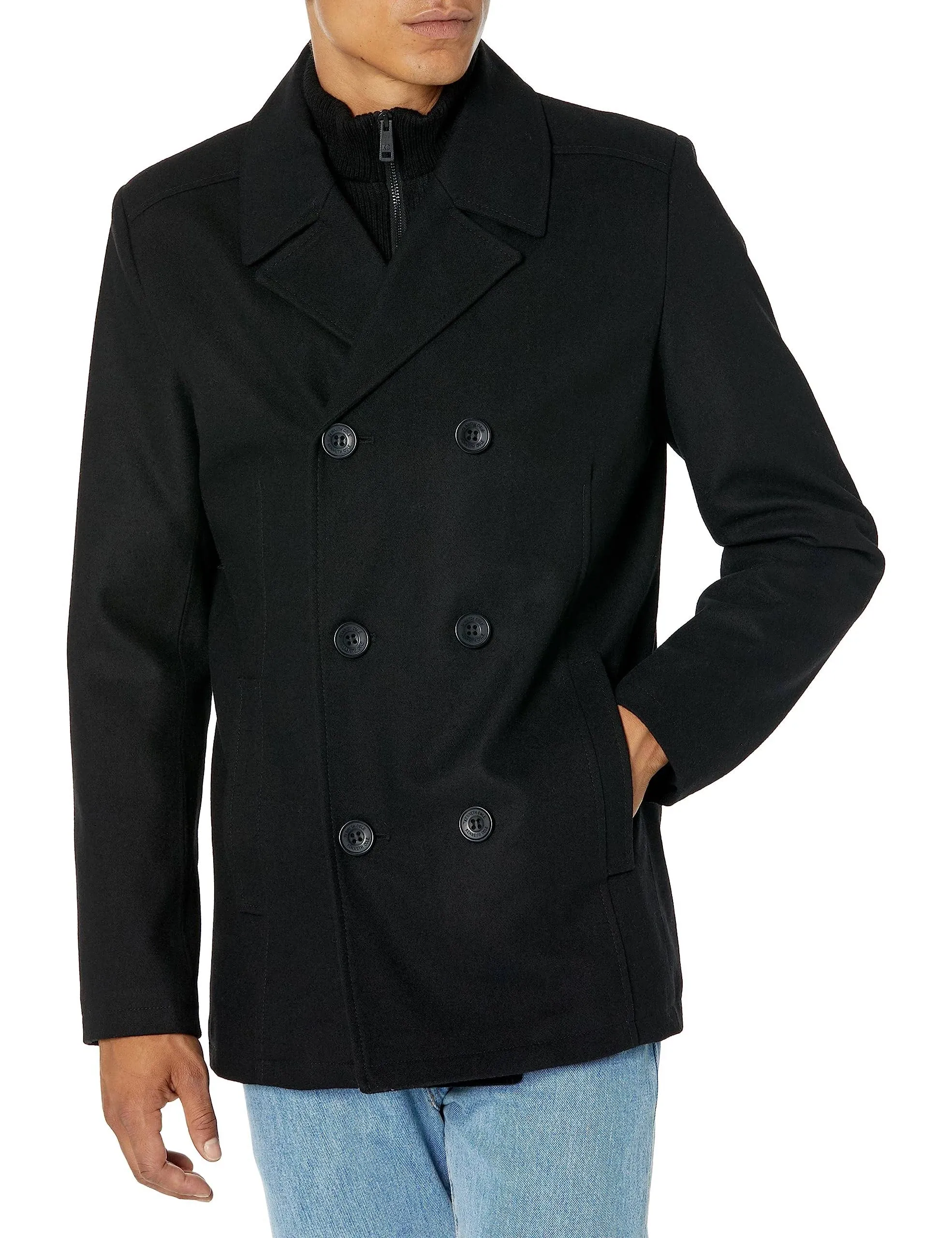 Kenneth Cole Men's Double Breasted Wool Blend Peacoat with Bib - Black