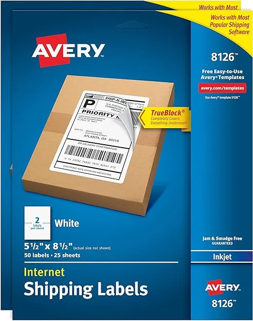 Avery Printable Shipping Labels, 5.5" x 8.5", White, 50 per Pack, 2 Packs, 100 Blank Mailing Labels (8126)