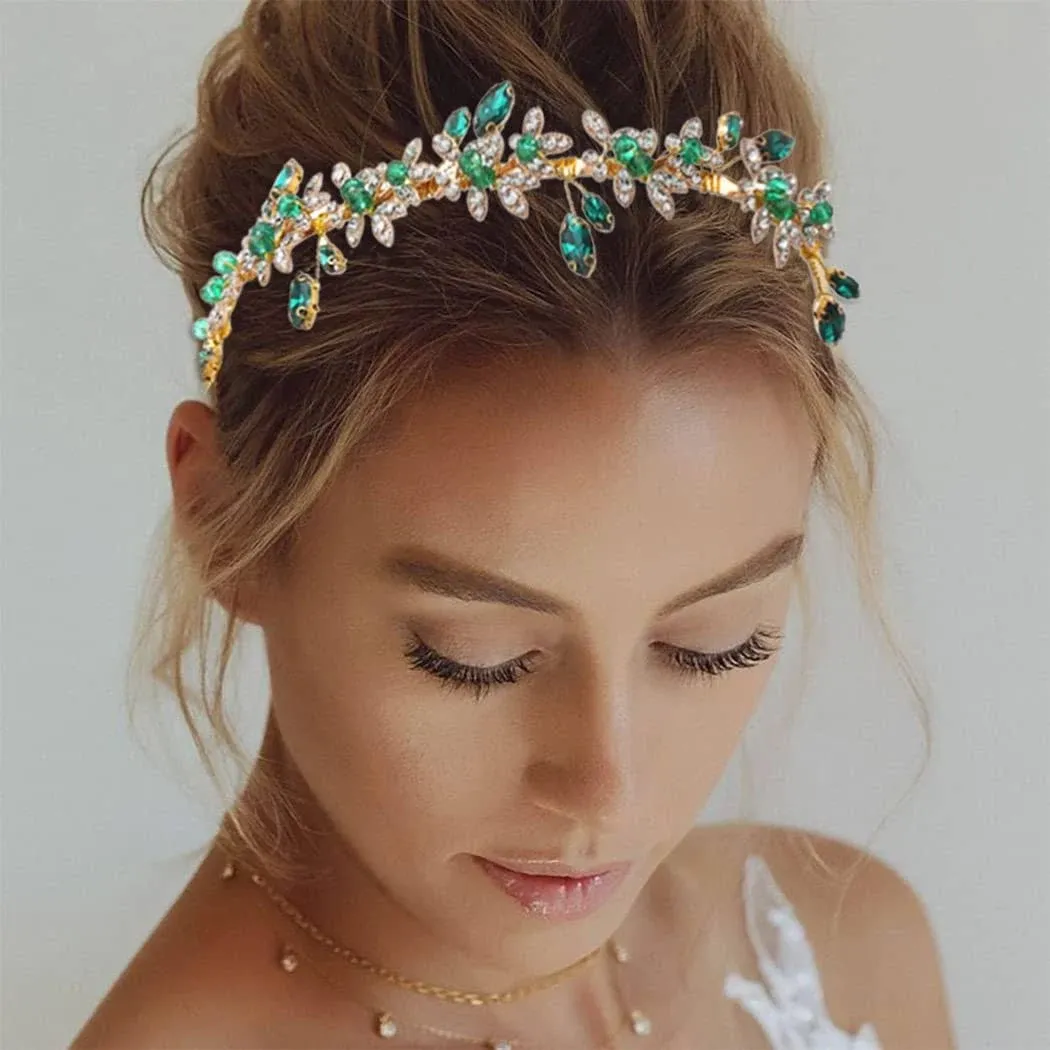 JEAIRTS Green Rhinestone Headband Gold Leaf Wedding Headpiece Bridal Crystal Hair Pieces Beaded Hair Hoop Glitter Bride Hair Accessories for Women and Girls