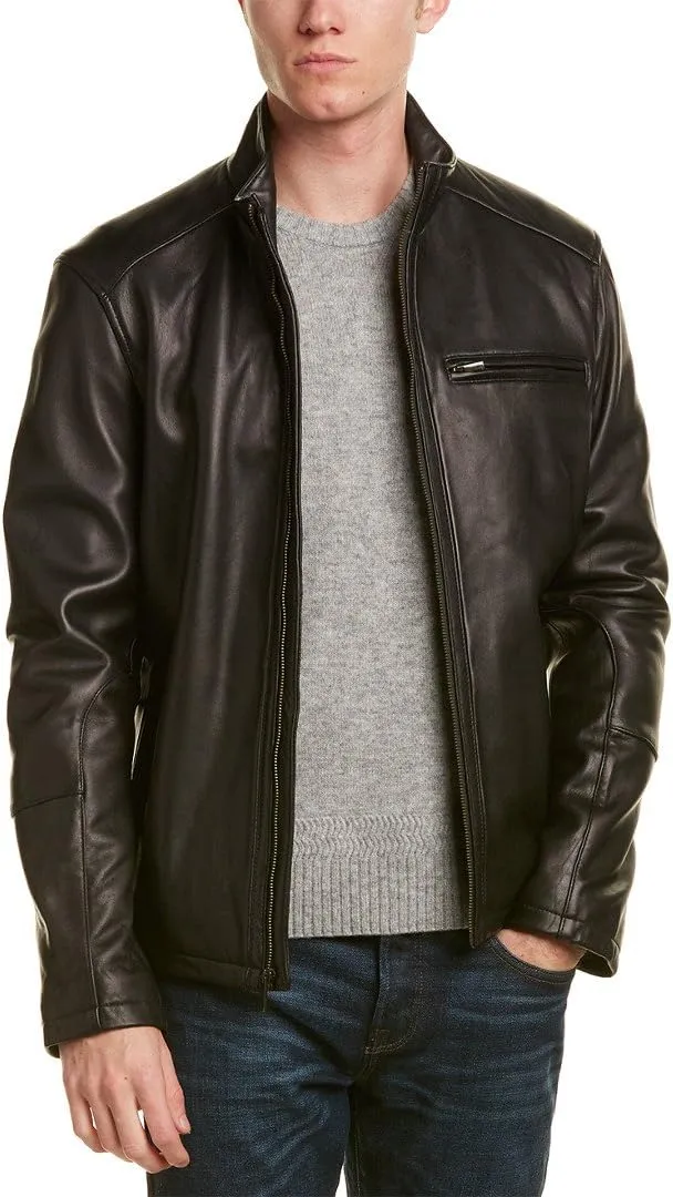 Cole Haan Streamlined Moto Leather Jacket - Black