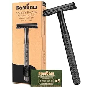 Bambaw Double Edge Close Comb Safety Razor with Stand, Shaving Razor for Men with 5 Safety Razor Blades, Reusable Eco Freindly DE Metal Razor – Sea Green