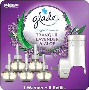 Glade PlugIns Refills Air Freshener Starter Kit, Scented and Essential Oils for Home and Bathroom, Lavender & Aloe, 3.35 Fl Oz, 1 Warmer + 5 Refills