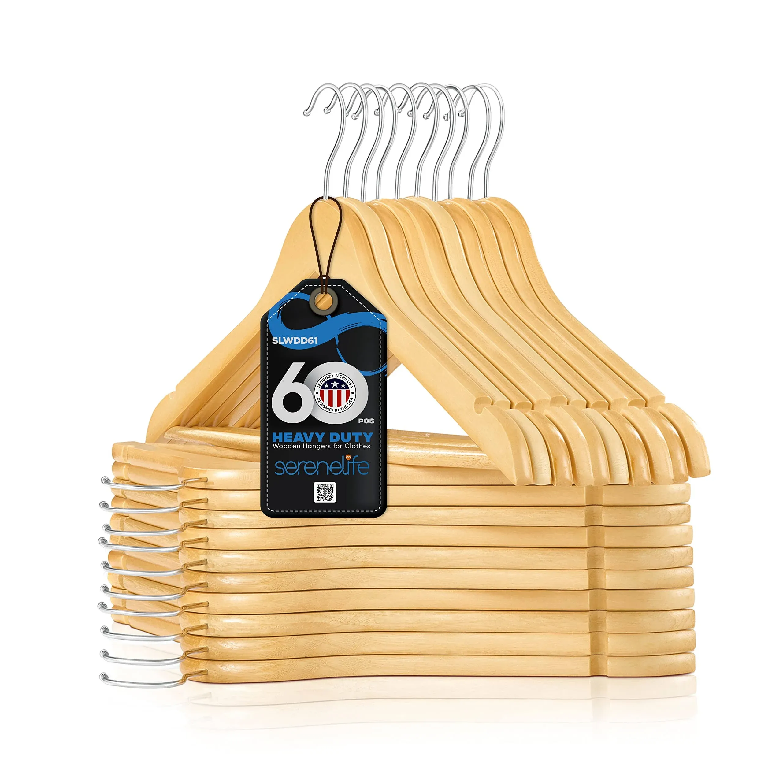 SereneLife Solid Wooden Hangers, Mega Pack, 60 Pieces Hangers for Clothes, Heavy Duty Suit Hanger Set with Chrome 360 Degree Swivel Hook, Notched Design, Natural Wood Color